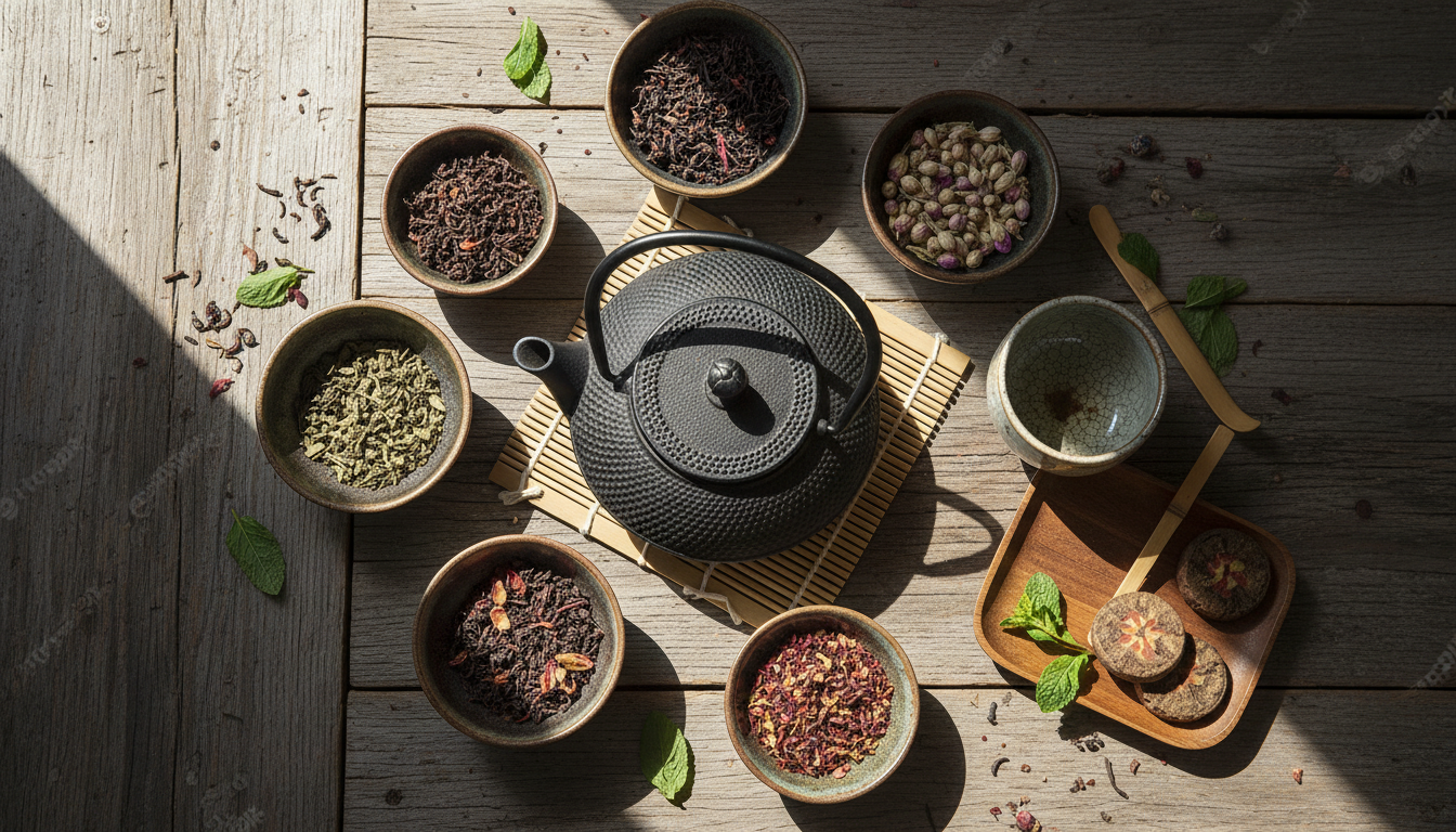 An overhead shot of a beautifully arranged tea set on a rustic wooden table, featuring a teapot, tea leaves, and a tea cup.